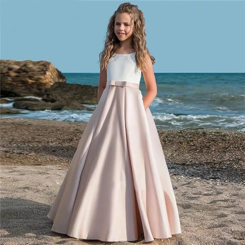 

Can custom color Flower Girl formal occasion dress elegant Satin bow tailing pockets sashes communion birthday ball evening gown