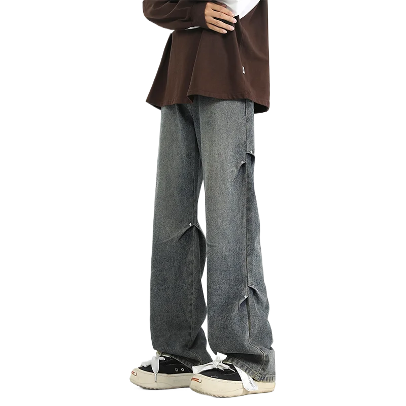 2025년 봄 신상 패셔너블한 주름 디자인의 접힌 에이징 데님 팬츠, 남성용 그라데이션 워싱 스트레이트 데님 바지