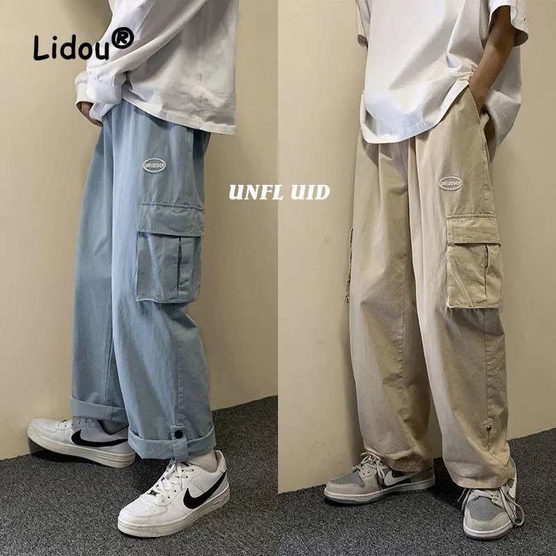 

Solid Color Multiple Pockets Cargo Pants Classic Straight Cylinder Loose Broad Leg Waist Drawcord Street Casual Male Trousers