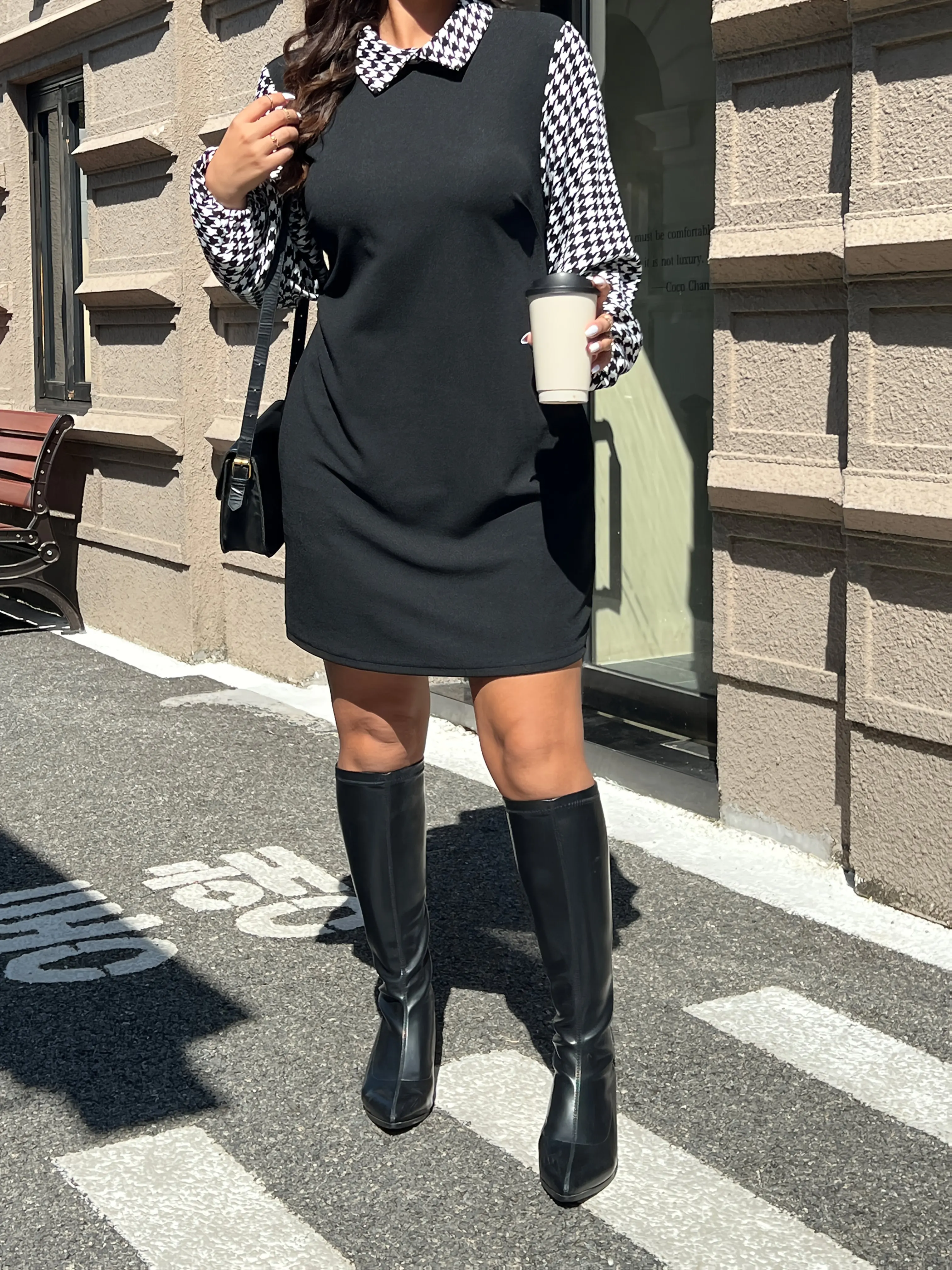 

Новинка 2025, женское лоскутное платье с узором «гусиные лапки», мини-платье с воротником-фонариком и рукавами-фонариками