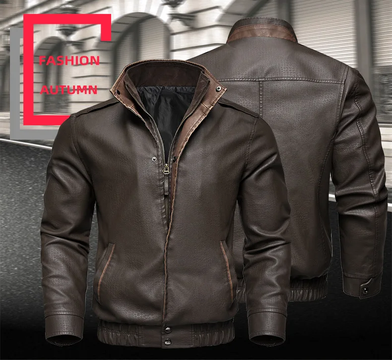 

Faux Windproof Vintage PU Biker Bomber Coat Waterproof Windproof Leather Coat Motorcycle Jacket Stand Collar Leather Mens Coat