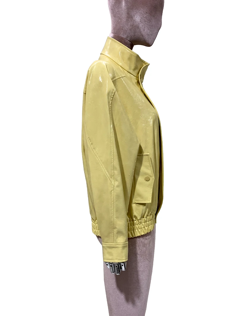Spring Autumn Cool Short Windproof Shiny Bright Yellow Faux Leather Jacket Women Zipper Stand Collar Luxury Y2K Streetwear 2025