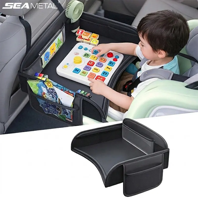 SEAMETAL Table de repas pour enfant pour siège de voiture, en similicuir, pour siège arrière, avec poche de rangement pour téléphone, support de bureau pour accoudoir, accessoires automobiles