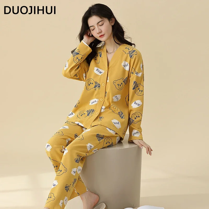 DUOJIHUI Two Piece Autumn Loose Soft Female Pajamas Set Chic V-neck Cardigan Basic Simple Pant Fashion Printed Pajamas for Women