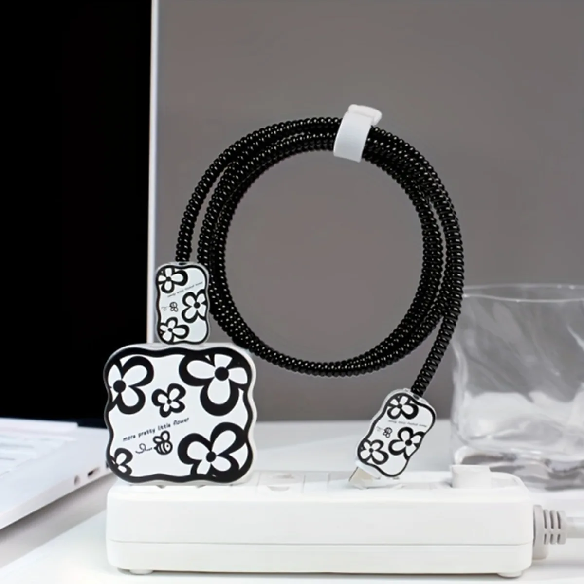 Black Flower Wave 5pcs Charging Data Cable Protector Winder Accessories For iPhone 18/20w Charger Protective Cover