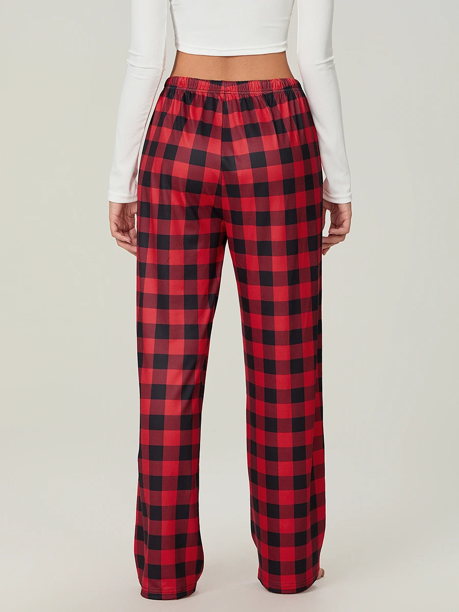 Women Red Plaid Pajama Bottoms with Pockets Drawstring Sleepwear Pants Loose Stretch Home Lounge Sleepwear Nightwear Trousers