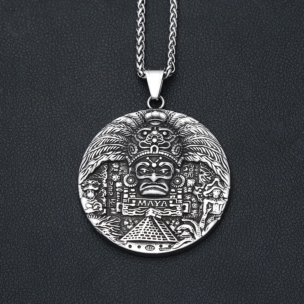 New Vintage Stainless Steel Mayan Pattern Pendant Necklaces For Men Women Big Size AZTEC CALENDAR Necklace Amulet Jewelry Gifts