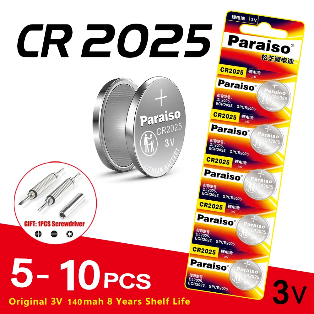5-10PCS CR2025 3V Button Battery + Screwdriver, DL2025 BR2025 5003LC Fit for Watch, Remote Control, Calculator Coin Cells ﻿