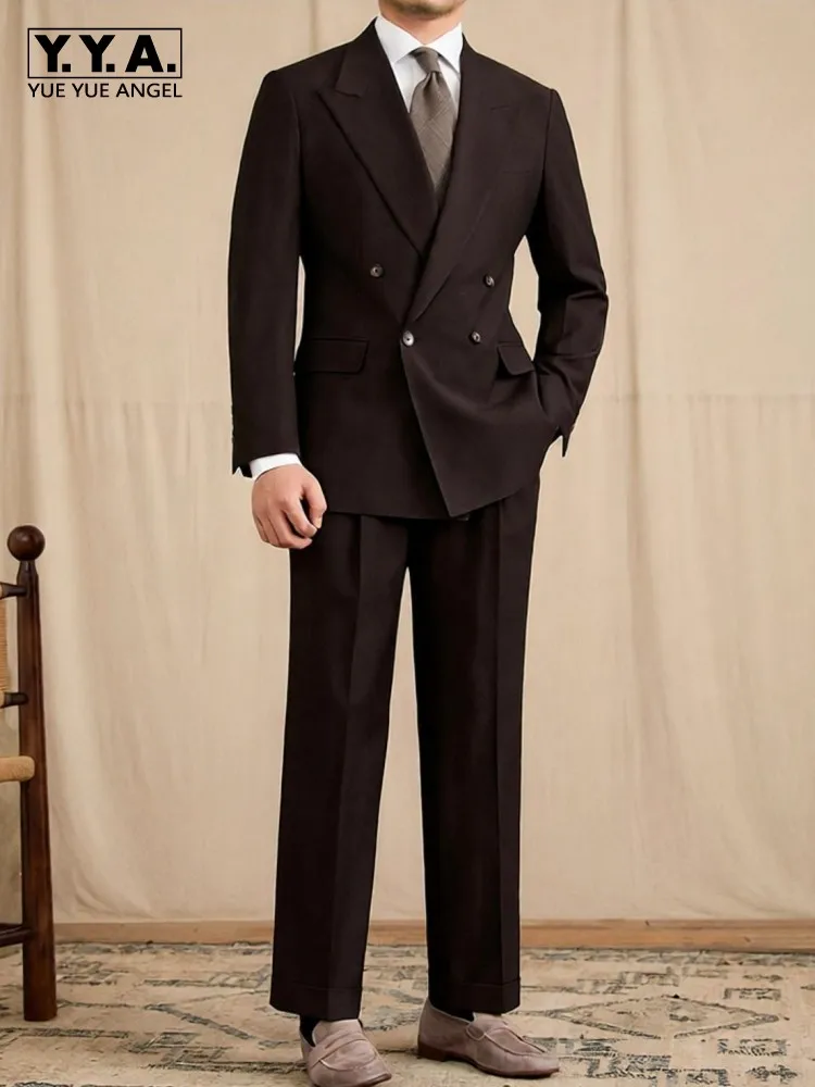Gentleman Autumn Suits Sets Business Casual Double Breasted Blazers Straight Pants Office Men Retro Style Elegant Two Piece Set