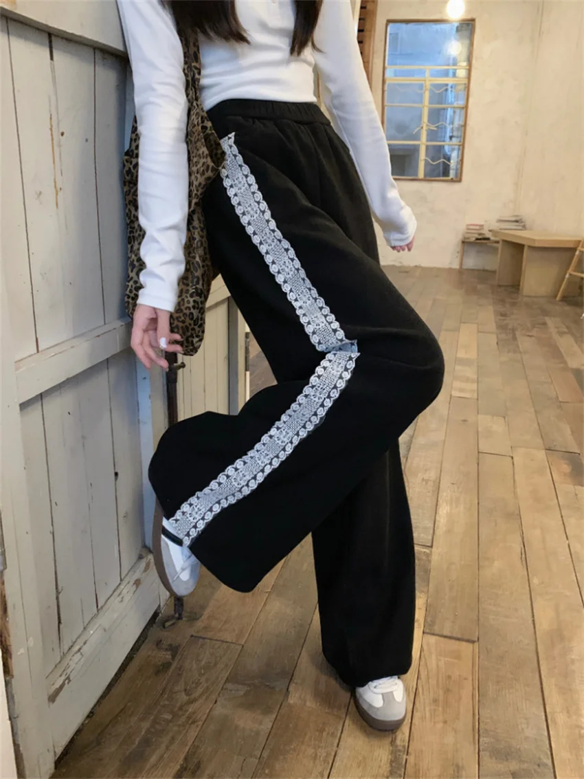 

Alien Kitty 2025 Thicken Winter Lace Trousers Women Straight Wide Leg Loose Casual Fashion New Warm Daily High Waist Streetwear
