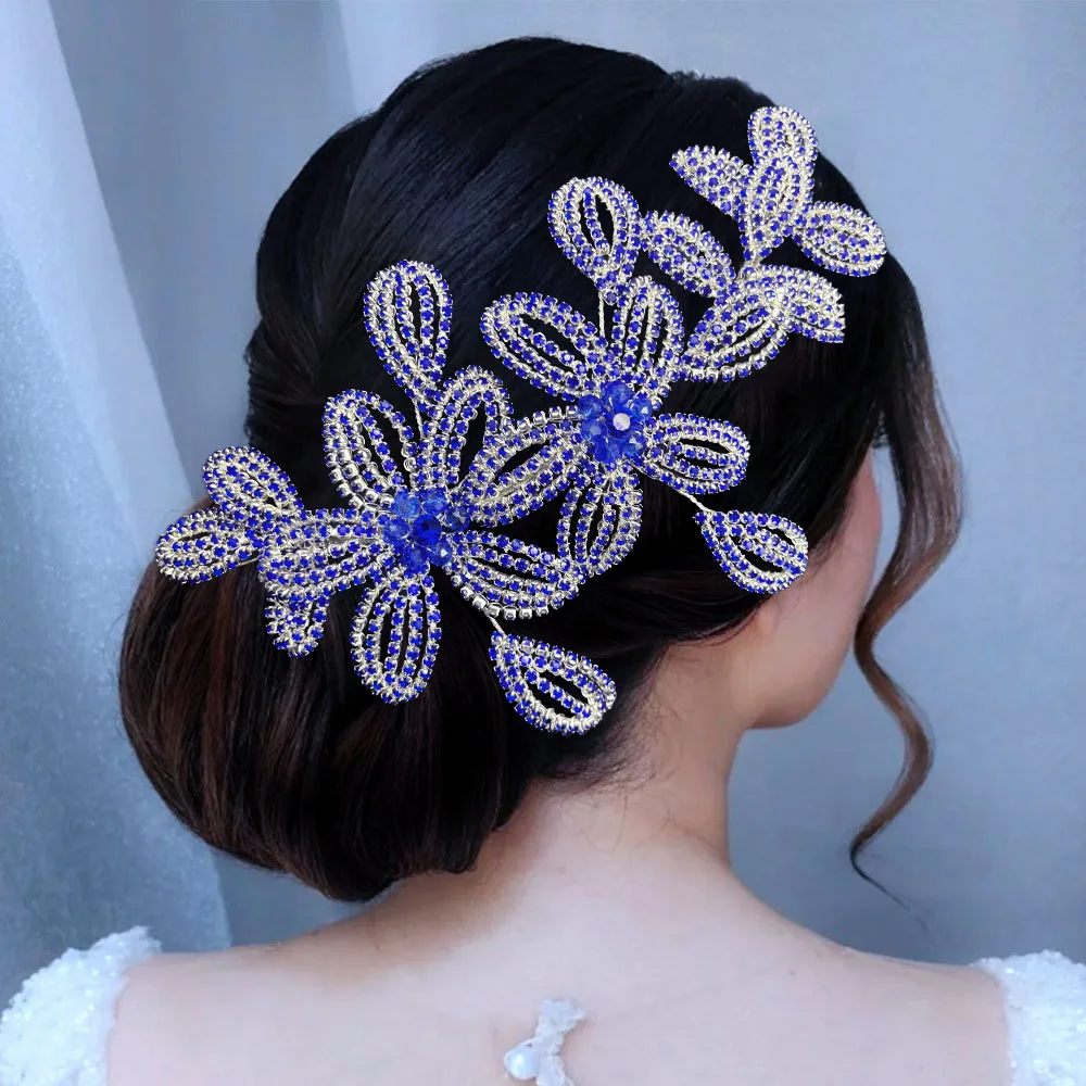 DZ275 Luxury Women Head Piece Blue Bridal Crowns Bride Hair Accessories Crystal Wedding Tiara Side Headpiece Ladies Headband