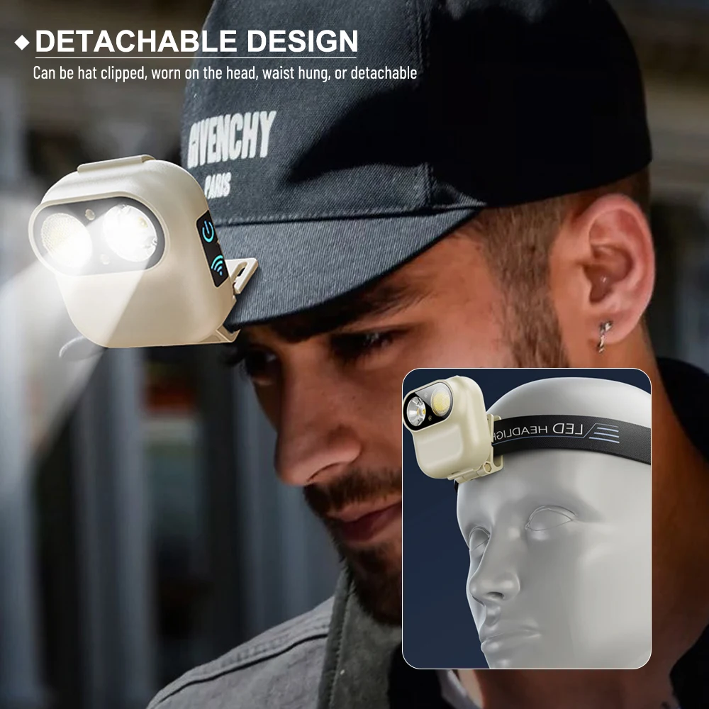 Induction LED Headlamp Rechargeable Headlight with Motion Sensor Hands-Free Head Torch for Walking Reading Repairing Camping