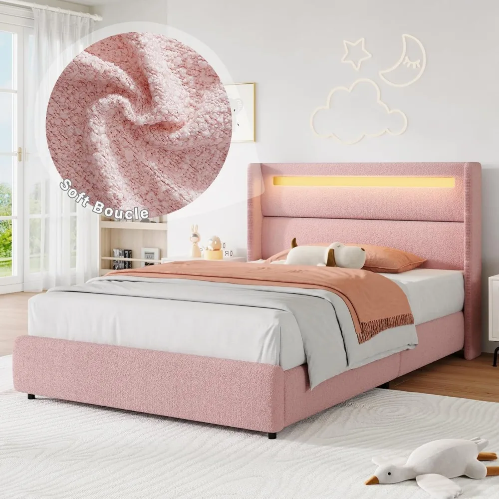 Estruturas de cama de solteiro com cabeceira e luzes LED, cama de plataforma estofada Boucle com design Wingback, estrutura de cama macia moderna