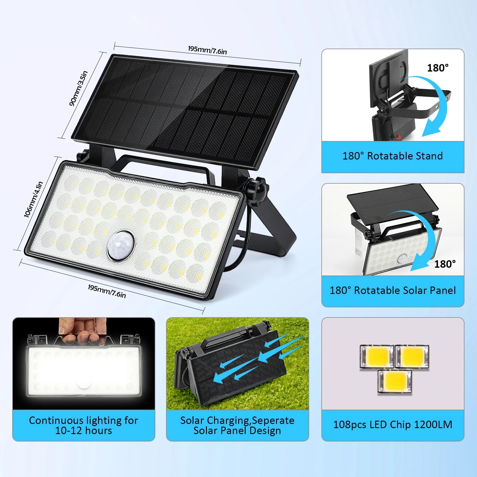2024 New Solar Light High Conversion Rate Solar Panel Multiple Light Modes Sensor Switch Automatic Solar Charging Long Working