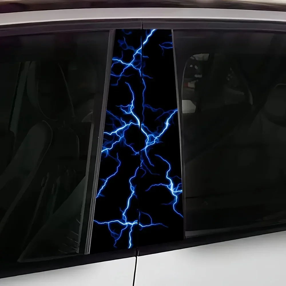 2-Piece Set - Waterproof Sunscreen Car B-Pillar Sticker --- Durable Vinyl Material D Blue Lightning Pattern
