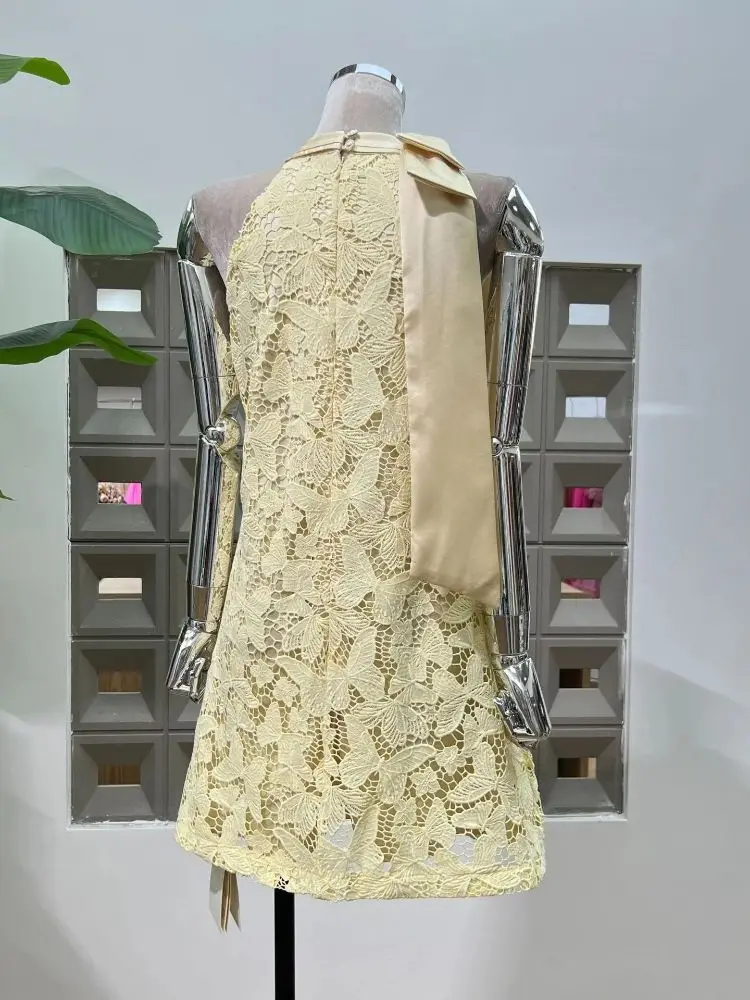 Franse elegante chique mode Boheemse strik uitgesneden opengewerkte kant A-lijn damesjurken ontwerp zomer nieuwe feestclub avondjurk