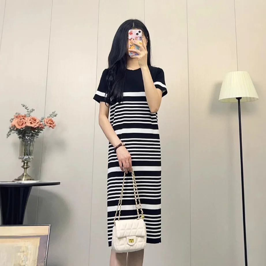 Summer New Fashion Retro Striped Knitted Dress Loose Slimming round Neck Short Sleeve Straight Tube Skirt Women Street Style