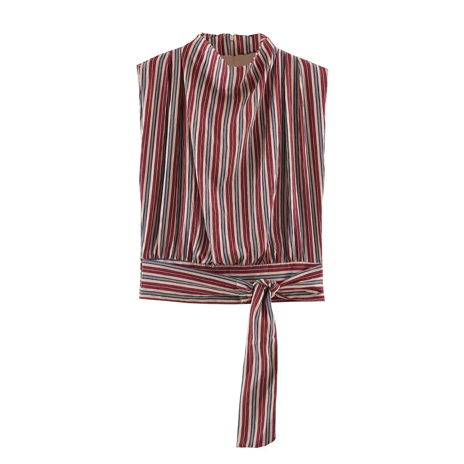 BSAY 2026 Herbst Bohemian Urlaubsstil Damen Gestreiftes Ärmelloses Top mit Halbhohem Kragen, Taillengürtel, Rückenverschluss und Reißverschluss, Partyhemd – Detail 2