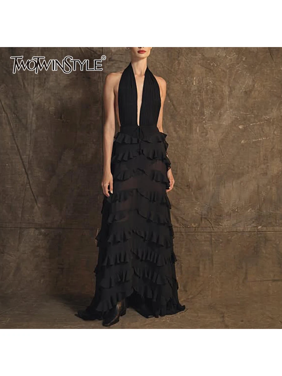 

TWOTWINSTYLE Solid Spliced Ruffles Slimming Dresses For Women Halter Sleeveless High Waist Temperament Long Dress Female Fashion