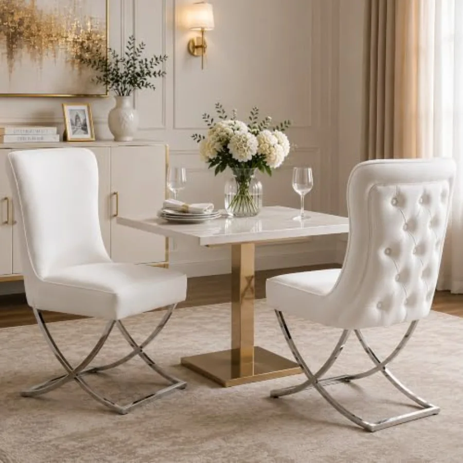 Luxury Velvet Dining Chairs, Tufted Upholstered Armless Accent Chairs with Silver Metal X-Legs, Modern Glam Dining Room Chair S