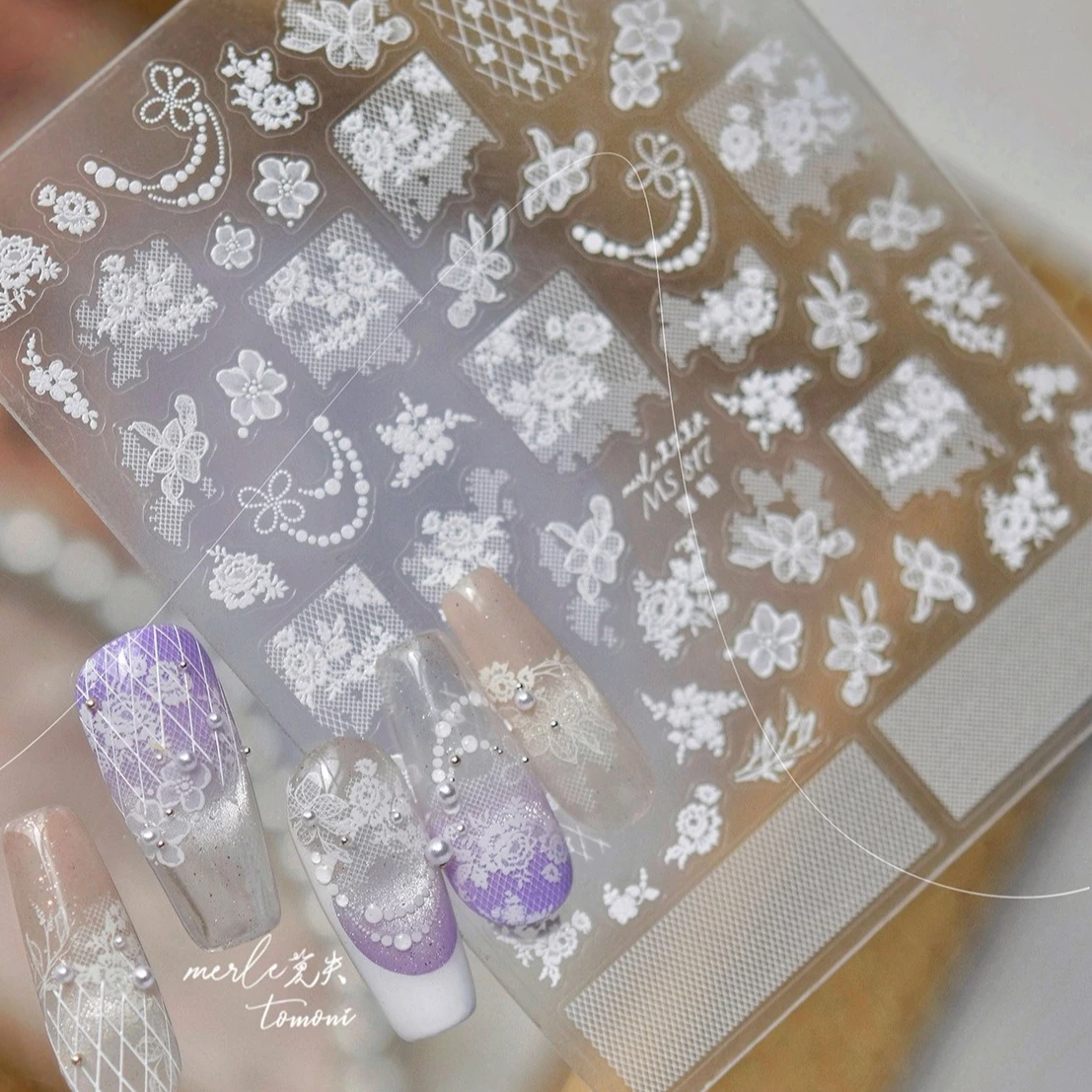 

Romantic White Lace Rose Flower Pattern Pearl Pendant Gauze Etamine Fabric Art Gird Charming Nail Art Stickers Manicure Decals