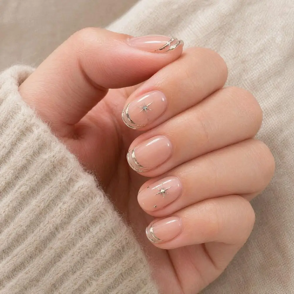 24Pcs Short Oval Press on Nails Women Silver-color Tip Rhinestone Star Glue on False Nails Removable Stick-on Fake Nails