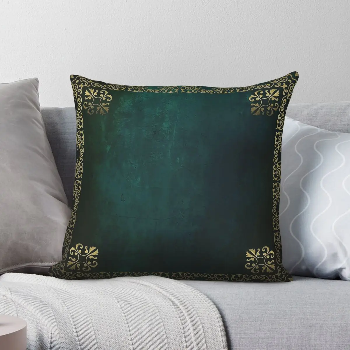 Emerald Green Gold Border Square Pillowcase Polyester Linen Velvet Printed Zip Decorative Home Cushion Cover
