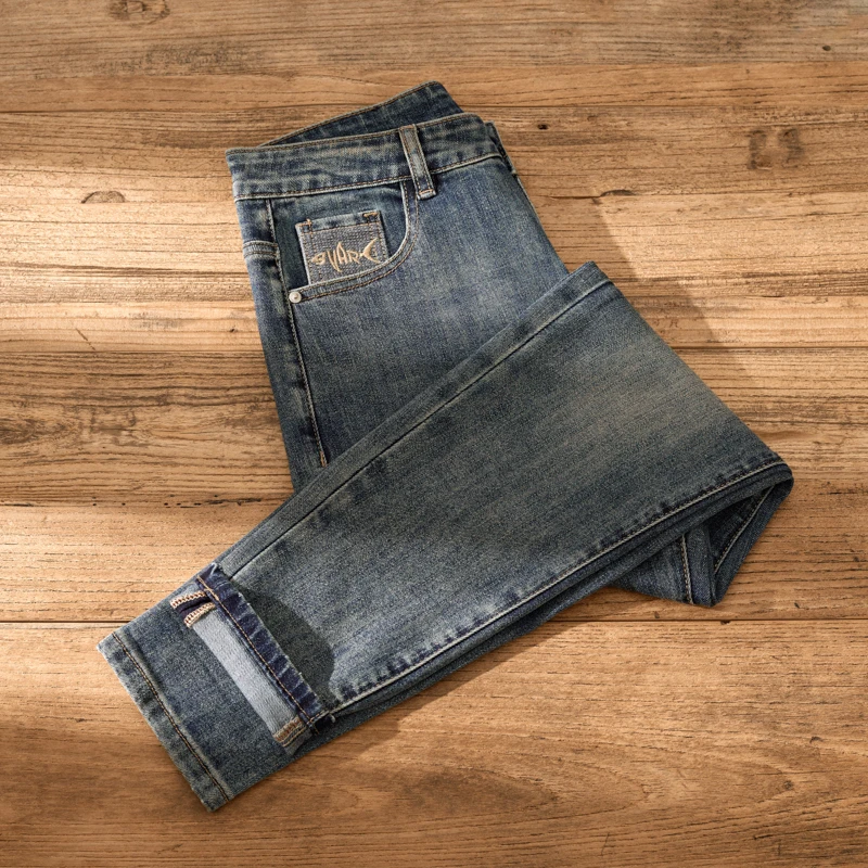 Jeans apertados vintage justo masculino, calças compridas, high-end, indústria pesada, lavado, pequeno, reto, na moda, nostálgico, moda de rua