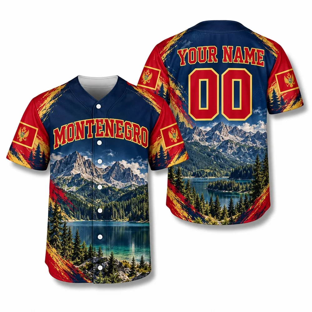 Montenegro Red Gold Jerseys Shirt Castle and Bay Prints Button Up Colorful Original Shirts with Heritage Baseball Jersey