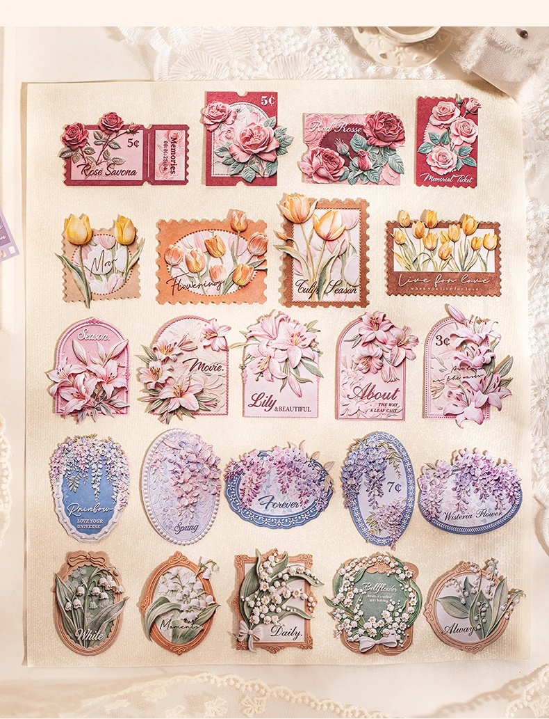 Journal GO 15-teiliges Set mit geprägten Textur-Aufklebern für Journaling, Scrapbook-Dekoration, 3D-Blumen-Sticker für Collage, Geschenkkarten, DIY – Detail 9