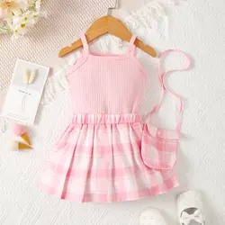 6-36-month-old newborn baby girl summer pink halter top with plaid skirt fashion suits wear bags three-piece set