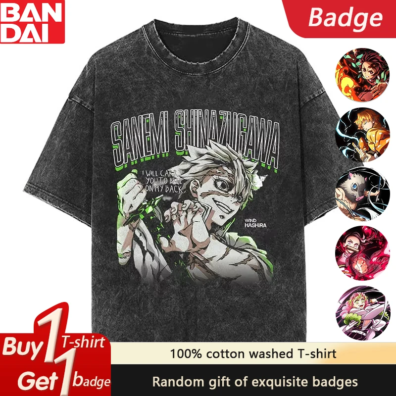 

Demon Slayer Anime Shinazugawa Sanemi Washed T-shirt Summer Men's and Women's Plus Size Harajuku Loose Casual Short Sleeved Top