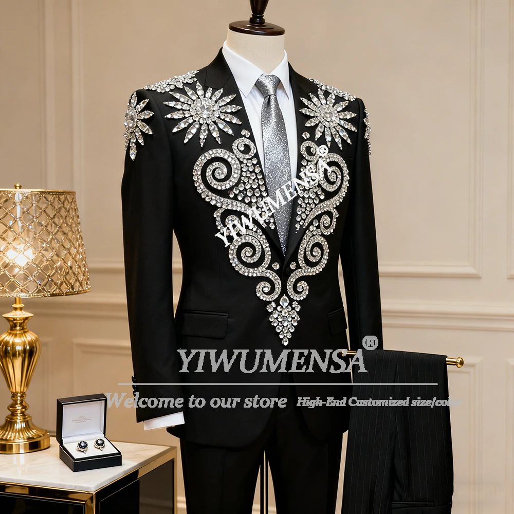 Brilliant Rhinestones Groom Wedding Tuxedos Luxury Single Breasted Blazers Pants 2 Piece Set Customized Beaded Suit Men Slim Fit