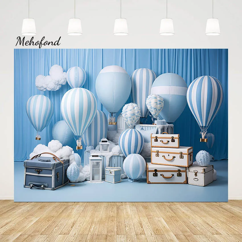 Mehofond Photography Background Blue Boy Hot Balloon Baby Birthday Party Luggage Suitcase Adventure Backdrop Cake Photo Studio