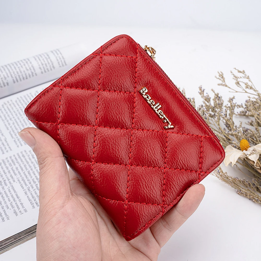 1Pc-Baellerry Women's Diamond-Patterned Pu Leather Bi-Fold Short Wallet, 5 Card Slots + Id Window + Side Zipper Coin Pocket