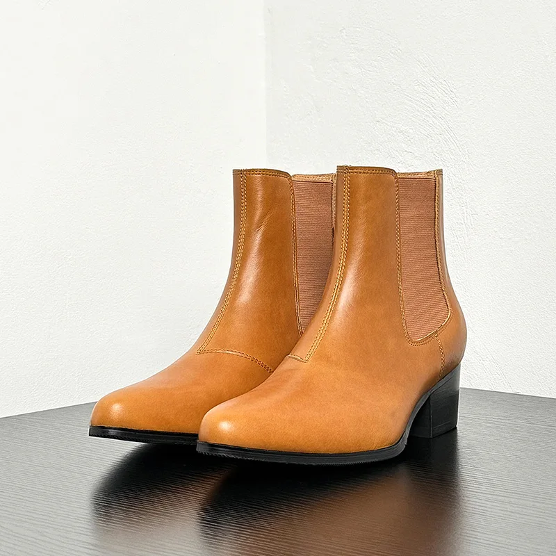 Vintage Mens Chelsea Boots 5 Cm Height Luxury Genuine Leather Winter Warm Outdoor Ankle Casual Business Social Shoes Man Size 44