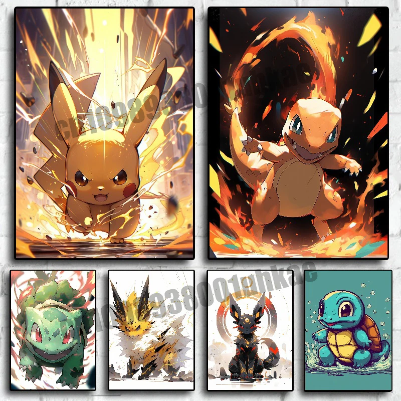 

Classic Pokemon Poster Anime, Pikachu, Bulbasaur, Eevee, Children's Room Decoration Wall Art Canvas Painting Children's Gifts