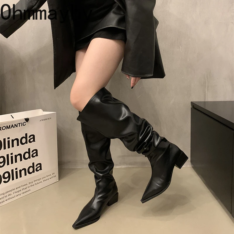 Stretch Soft Leather Women Over the Knee High Boots Fashion Pointed Toe Shoes Autumn Winter Thick Heel Ladies Long Booties