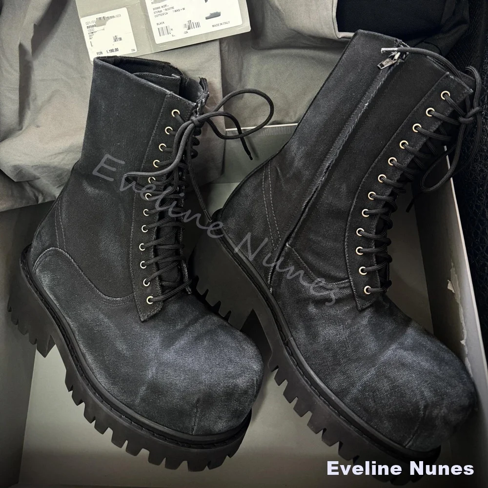 Casual Big Round Toe Trendy Chelsea Boots Men Denim Thick Sole Increased Height Lace Up British Style High Top Long Tube Boots