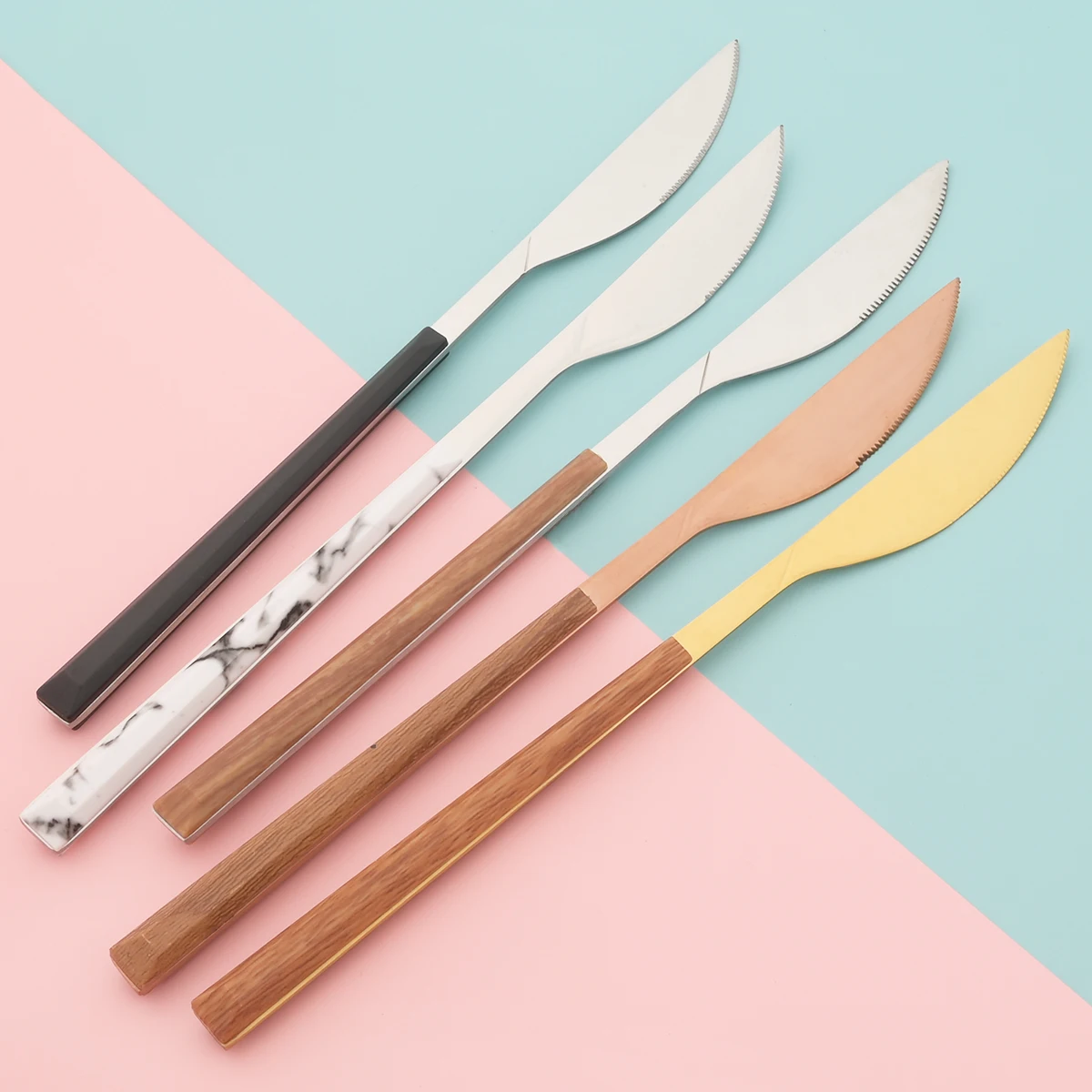 

6Pcs Dinner Knife Cutlery Set Vintage Stainless Steel Tableware Set Imitation Wood Handle Knife Dinnerware Kitchen Silverware