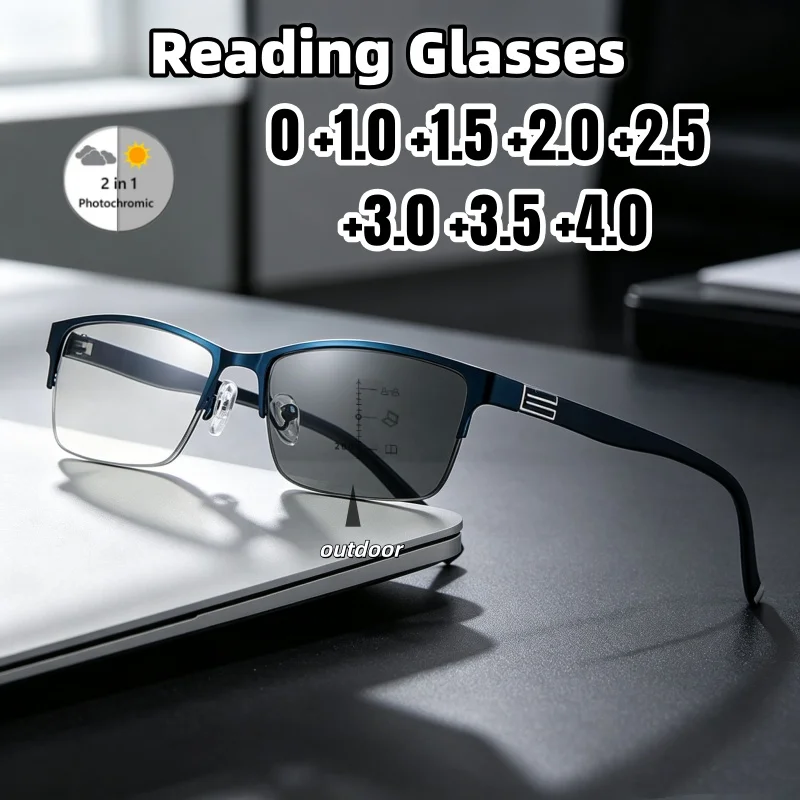 Classic Retro Photochromic Reading Glasses for Men Half Rim Metal Frame Anti Blue Light Presbyopic Glasses Lightweight 0 To +4.0