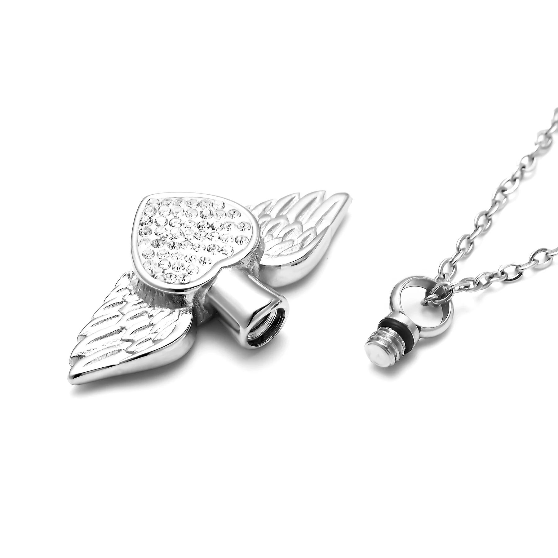 Stainless Steel Rhinestone Heart&Angel Wing Memorial Urn Necklace Pendant Women Keepsake jewelry for ashes cremation