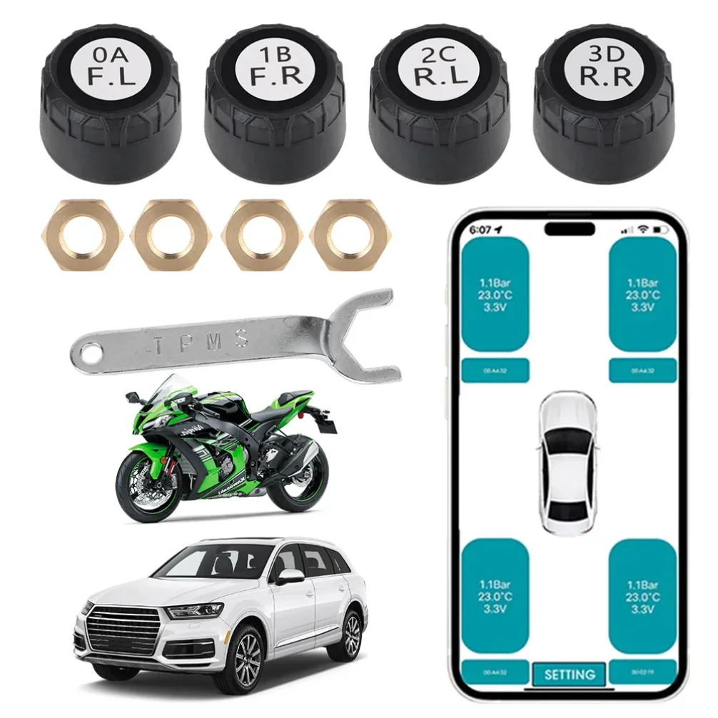 

Phone Display Car TPMS Tire Pressure Monitoring System 2/4PCS External Alarm Tire Pressure Sensors Car Motorcycle Bluetooth APP