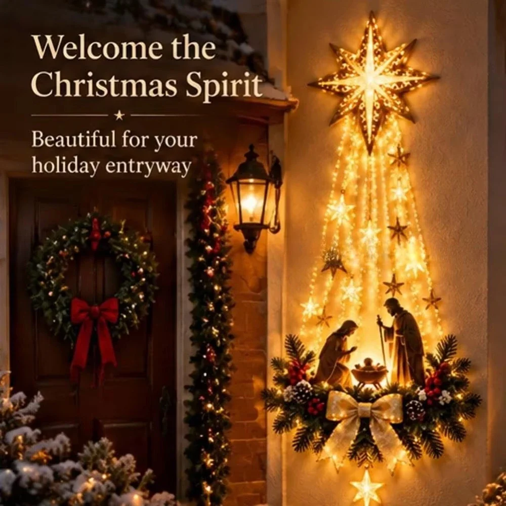 Decoración de Pared de Nacimiento Iluminada con Estrella de la Fe de Belén, Adorno Colgante Navideño Brillante, Luces LED para Interiores, Iluminación Cálida