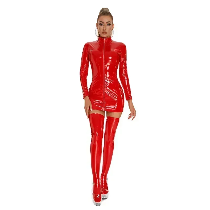 

Women Shiny Leather Dress Sexy PVC Latex Pack Hip Dress Erotic Zipper Open Crotch Latex Sheath Bag Hip Skirt PU Leather Dresses