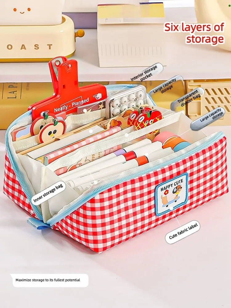 Niedliches kariertes Cartoon-Etui mit Apfelmotiv, großes Fassungsvermögen, Schreibwarentasche, ästhetisches Stiftetui für Schüler, Schule, Bürobedarf – Detail 5