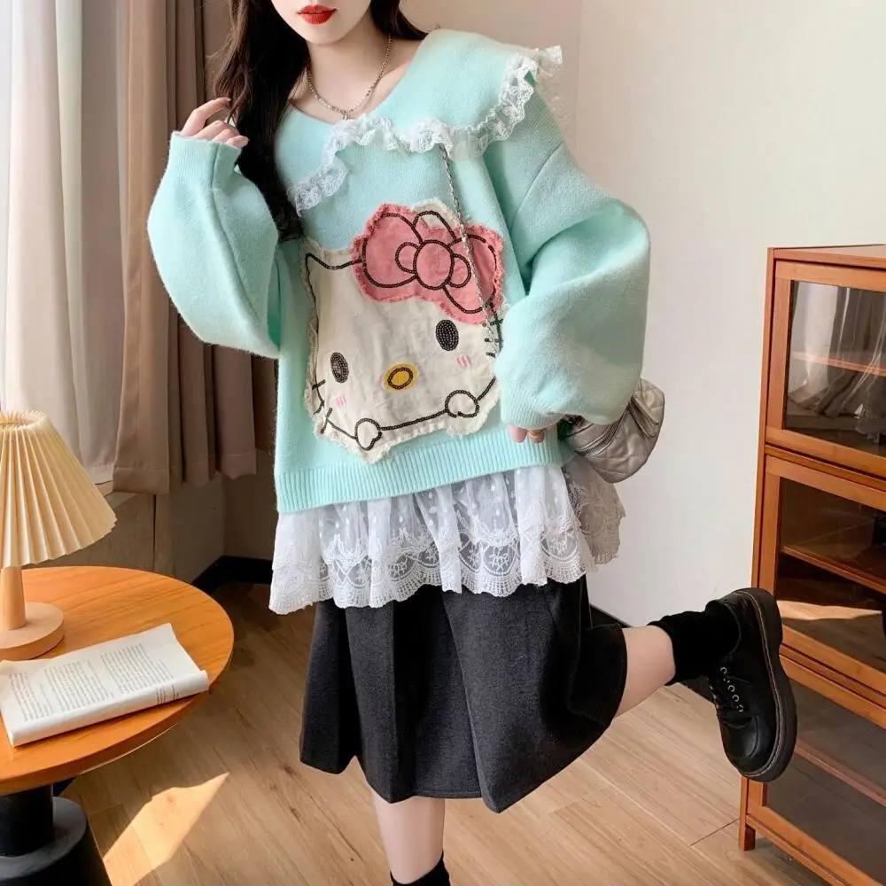 kawaii-hello-kitty-doll-collar-sweater-sanrio-women-anime-cartoon-spring-knitting-tops-sweet-girls-student-leisure-loose-tops