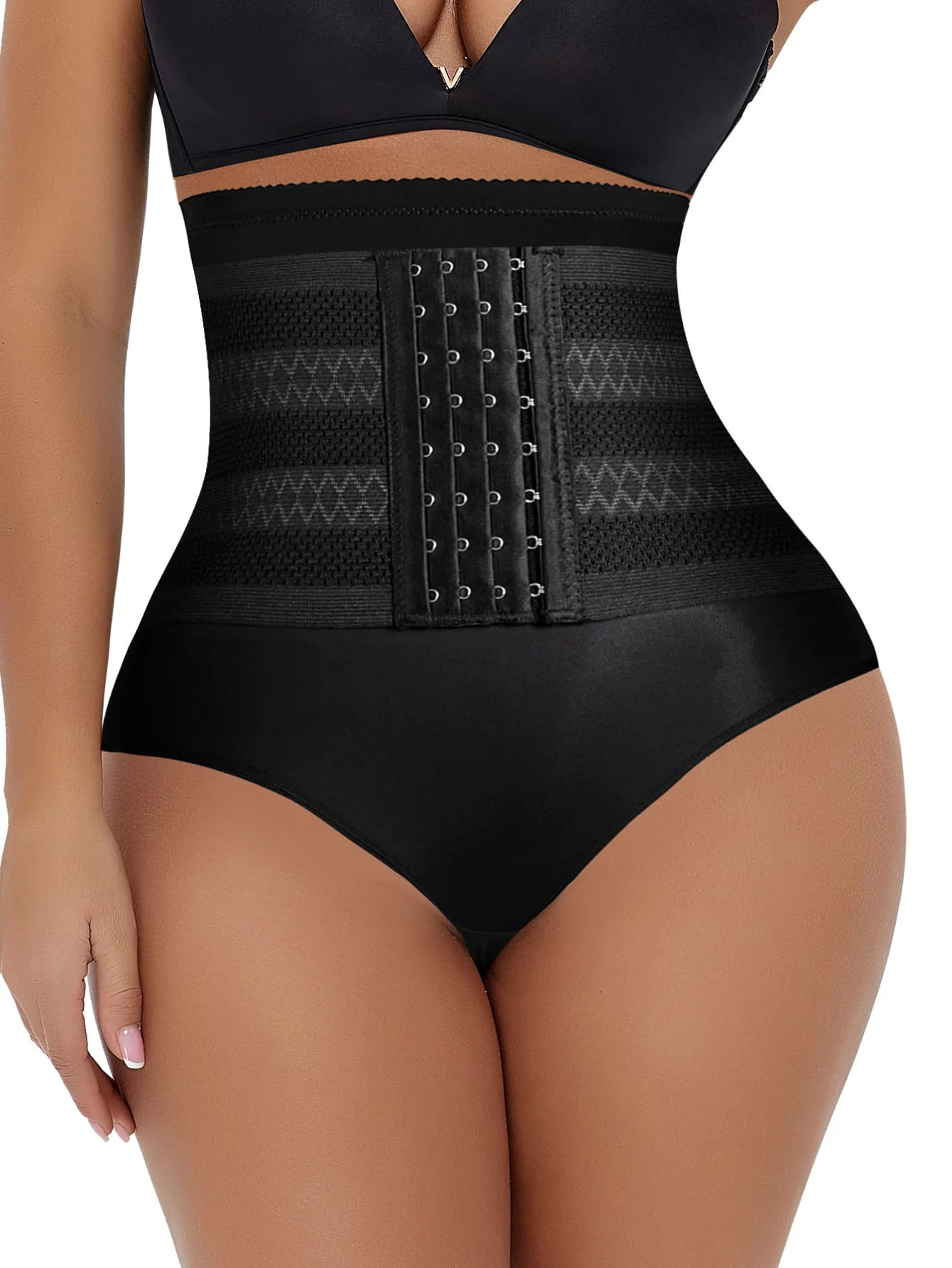 Black Womens High-Waist Shapewear Briefs With Front Hook-and-Eye Closure, Stretchy Semi-Sheer Mesh Fabric For Everyday Comfort