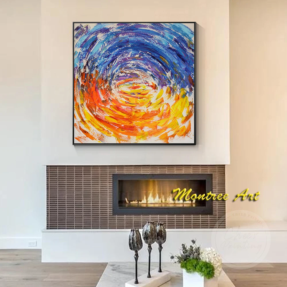 Hand Painted Oil Painting Blue Orange Abstract Painting Palette Knife Textured Art Colorful Circle Framed Wall Art Decoration