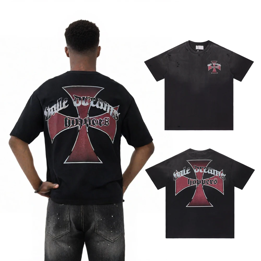 T-shirts graphiques Y2K déchirés style streetwear d'été Hip Hop décontracté vintage en coton à manches courtes pour hommes